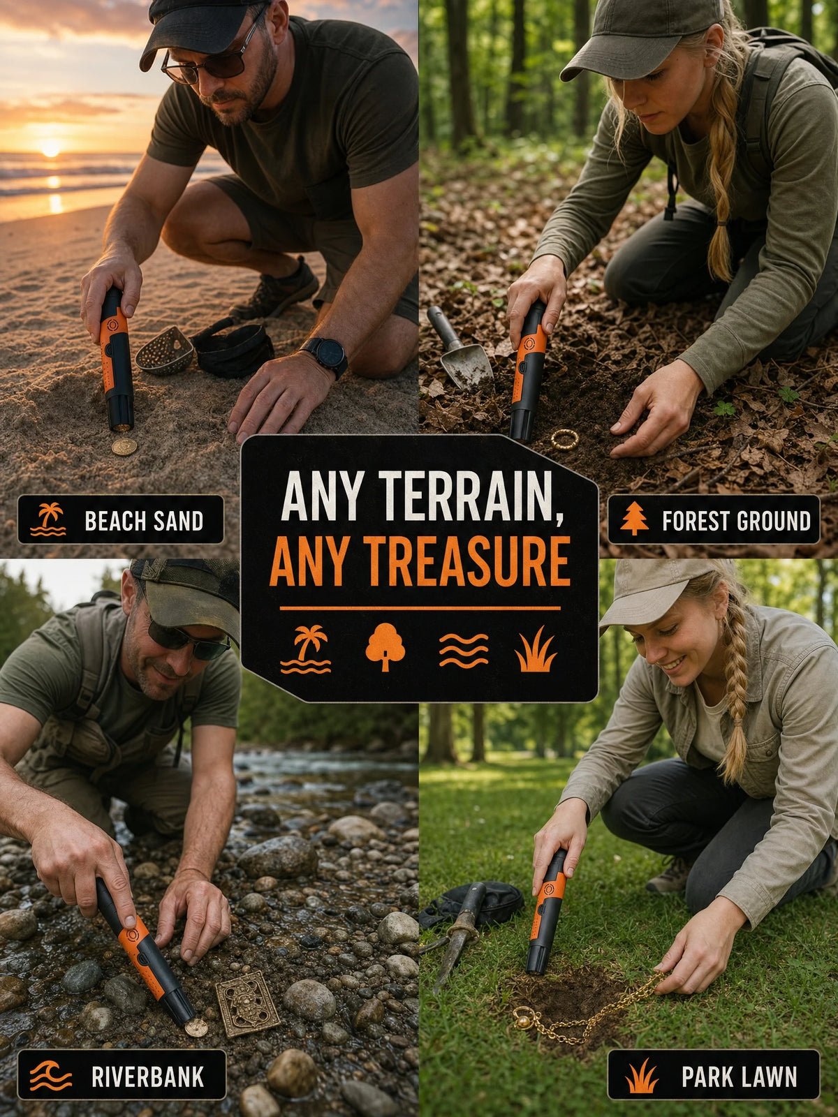 SUNPOW handheld pinpointer metal detector, orange and black, IP68 waterproof, 4 devices shown