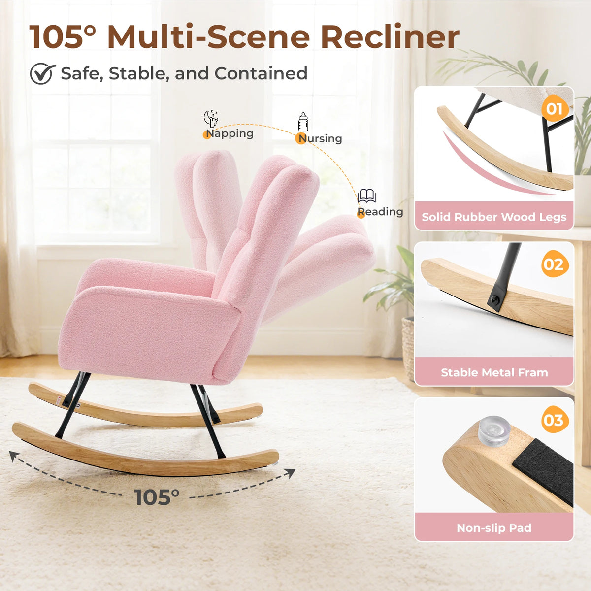 JHK Teddy upholstered saucer rocking chair, pink plush fabric with wooden rockers and metal frame