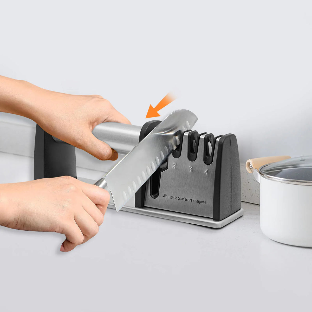 4-stage knife sharpener with ceramic and tungsten sharpening stones; numbered slots 1–4