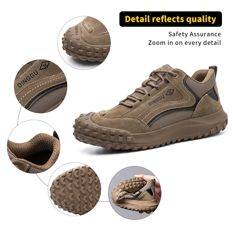 All-Season men's functional work shoe in brown with rugged outsole; DINGGU brand, steel-toe, wear-resistant.