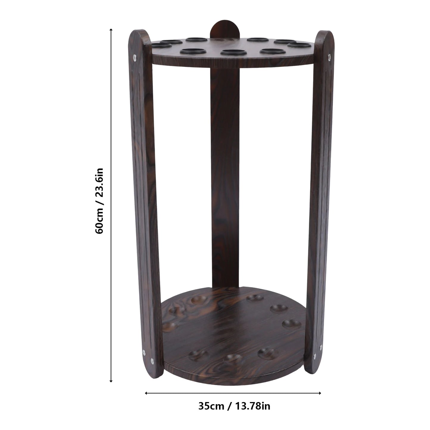 Wood billiard cue rack by S And B Enterprise; 9-hole corner floor stand for cues in dark wood.