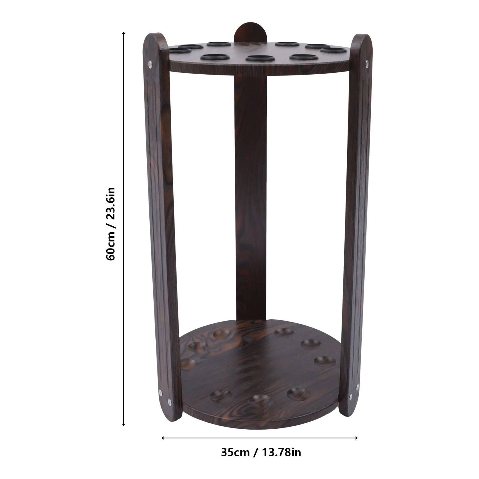 Wood billiard cue rack by S And B Enterprise; 9-hole corner floor stand for cues in dark wood.