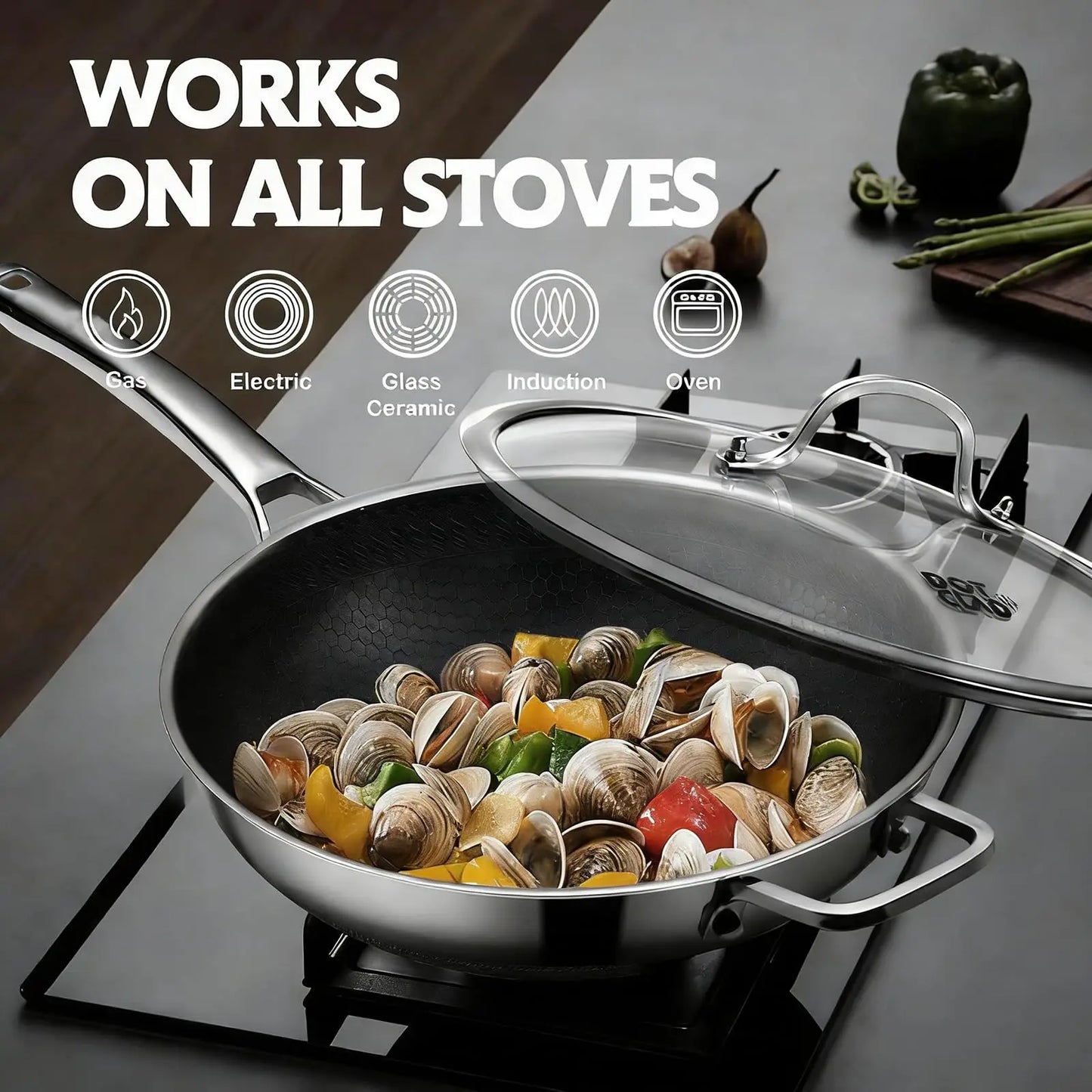 HiMISS Stainless Steel Wok Pan Induction Compatible Nonstick Snowflake Coating