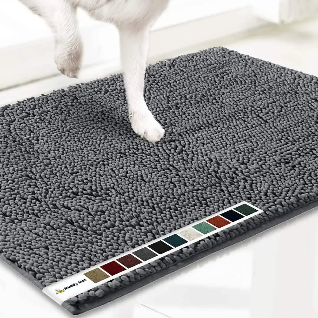 Muddy Mat doormat, gray microfiber; highly absorbent, anti-slip paw cleaner for indoor/outdoor entryways