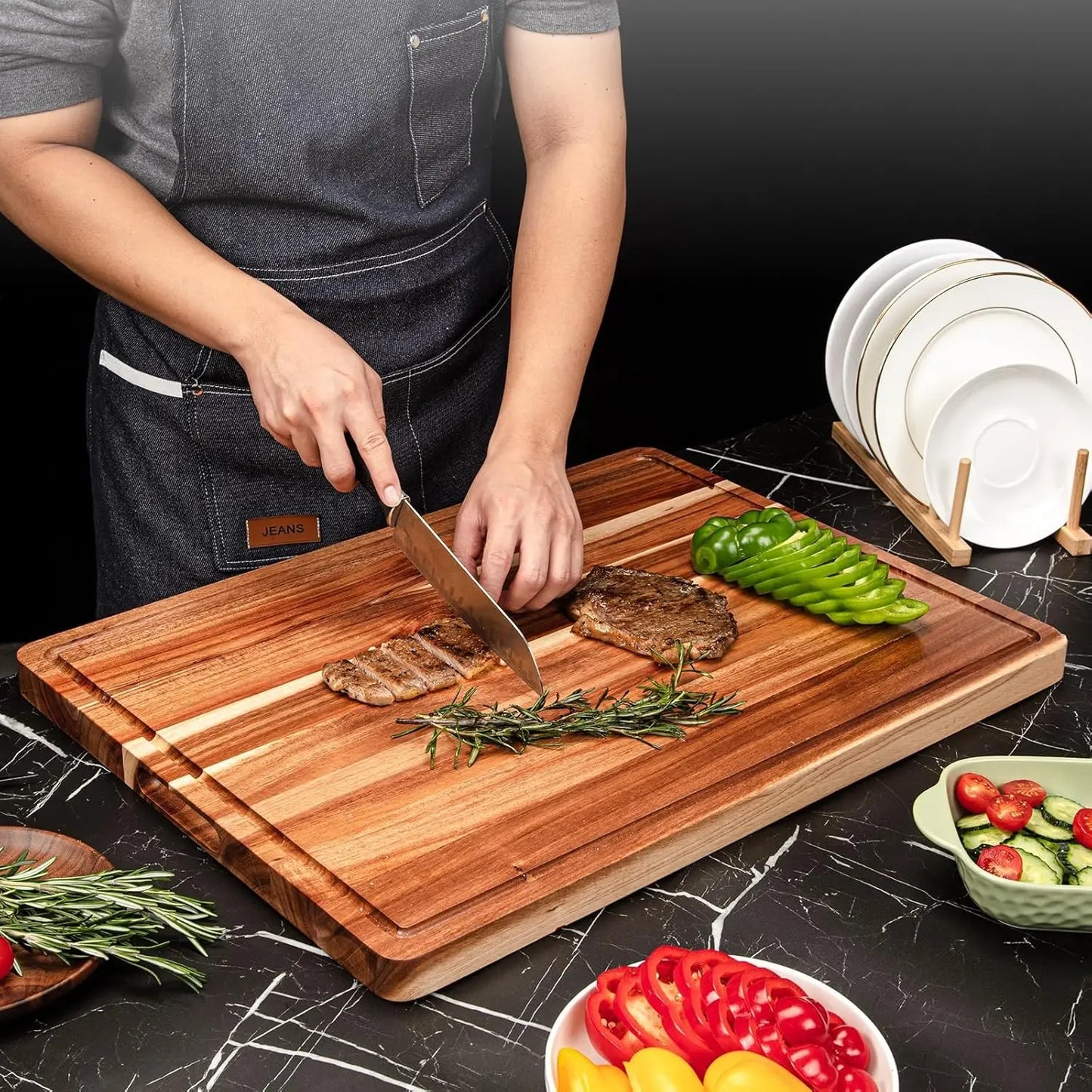 Kitchen Extra Large Wood Cutting Board with Juice Groove and Handle Reversible Charcuterie Butcher Block 24 x 18 x1.2 in by S And B Enterprise