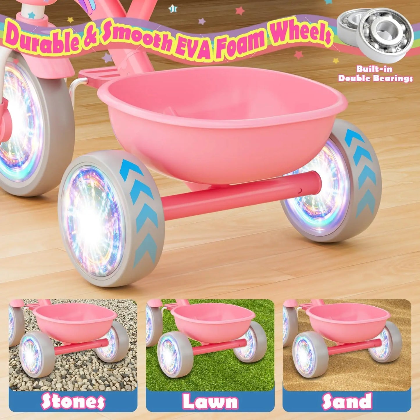 Unicorn Toddler Tricycle With Light Up Wheels And Basket