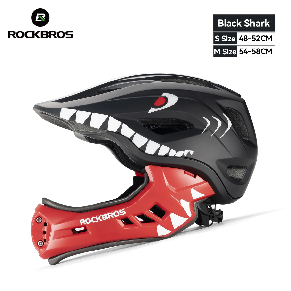 ROCKBROS child cycling helmet with detachable full-face design, black/gray shell, white shark-teeth graphics, red interior.