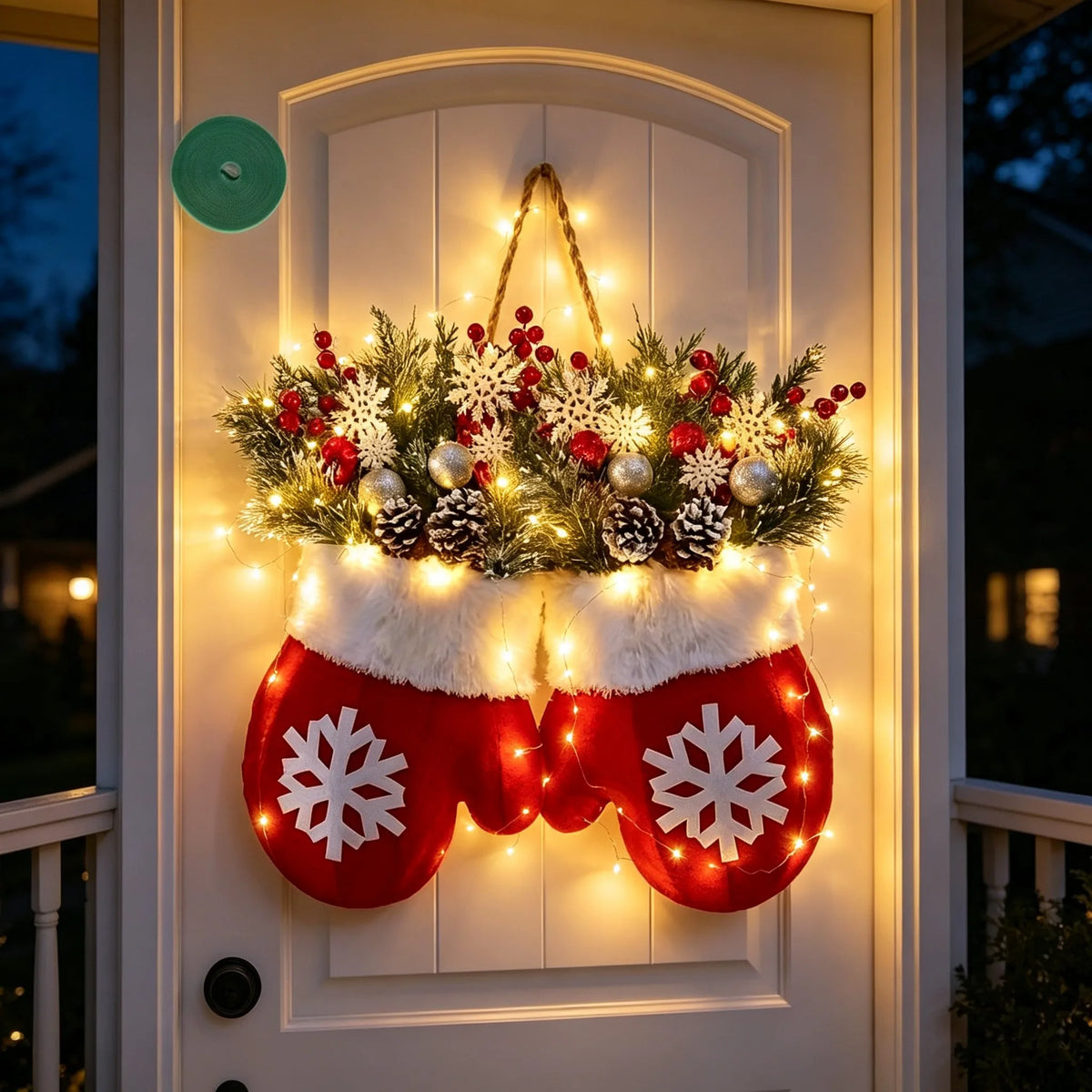 LED Twinkling mitten wreath on front door; red fabric with white snowflakes, pine sprigs, berries, pinecones, warm lights