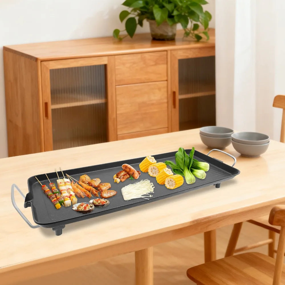 Electric griddle grill, 68x28 cm, 1500W, non-stick aluminum, 5 heat settings, cooking skewers and corn