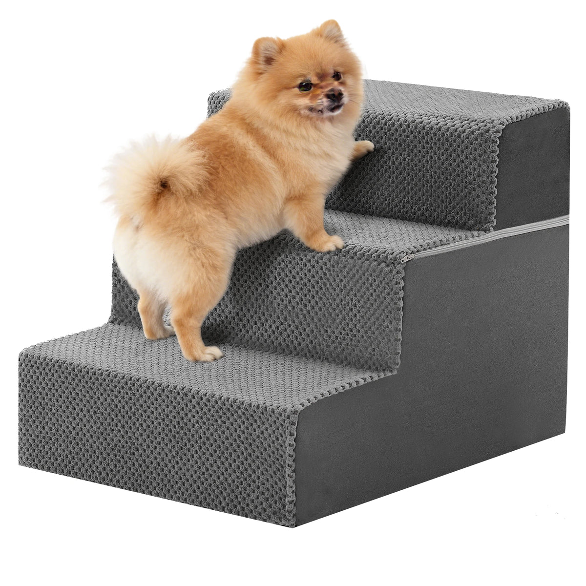 JHK 3-5 Step Right-Angled Foam Dog Stairs, gray non-slip surface; small dog climbing.
