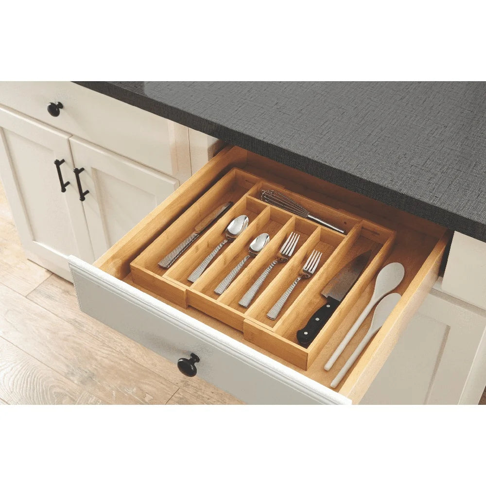 Natural Bamboo Expandable Silverware Organizer With Adjustable Compartments