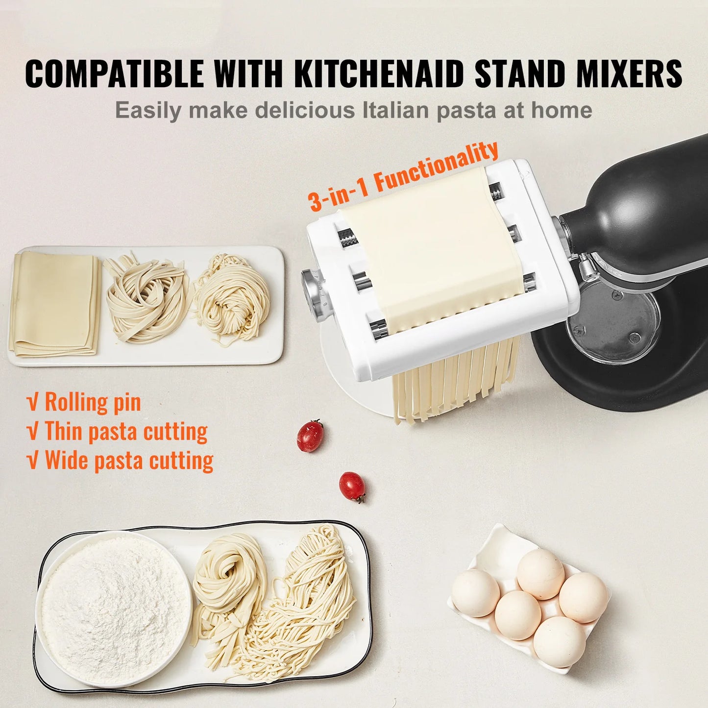 SucceBuy Three-In-One Pasta Attachment for KitchenAid Stand Mixer Stainless Steel