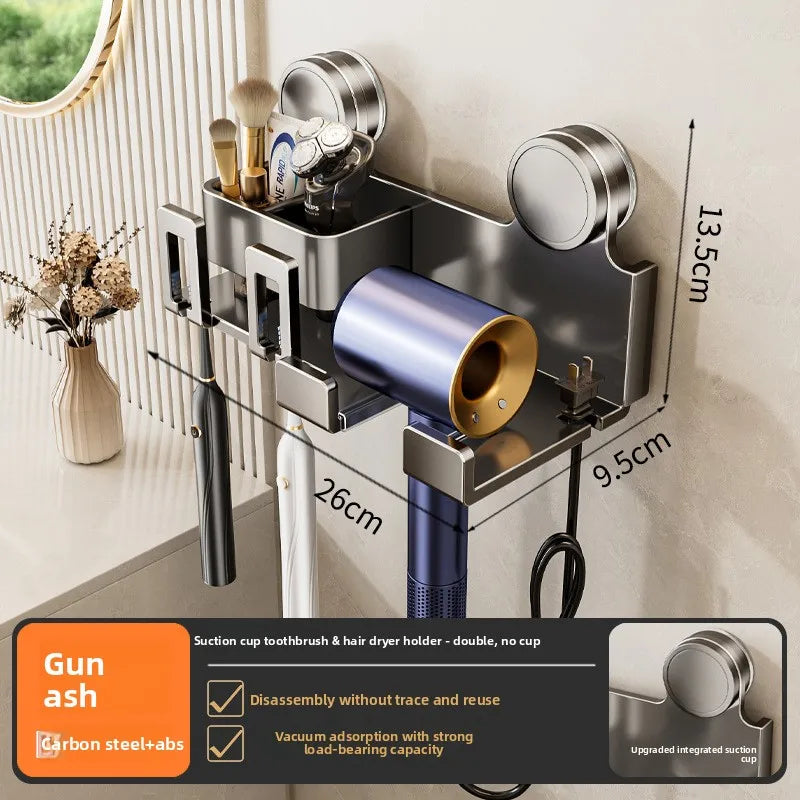 Suction cup toothbrush rack and hair dryer holder; stainless steel, wall-mounted by S And B Enterprise.