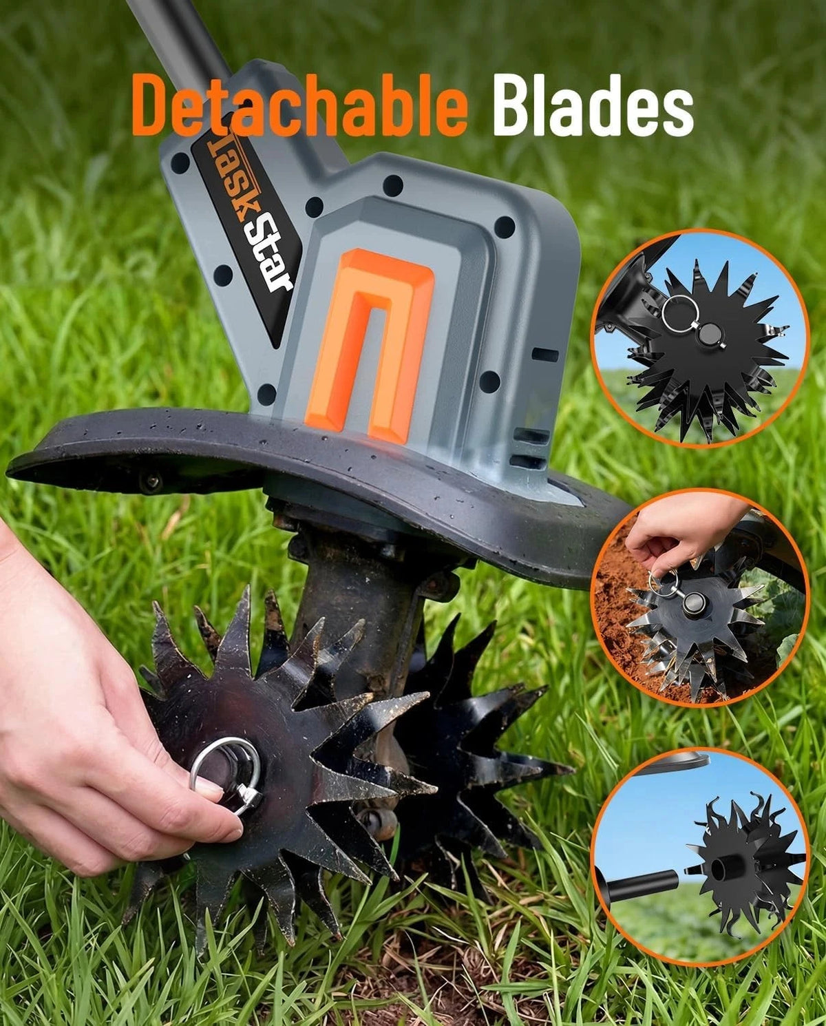 TaskStar cordless garden tiller with detachable blades, gray body and orange accents, compatible with Makita 18V