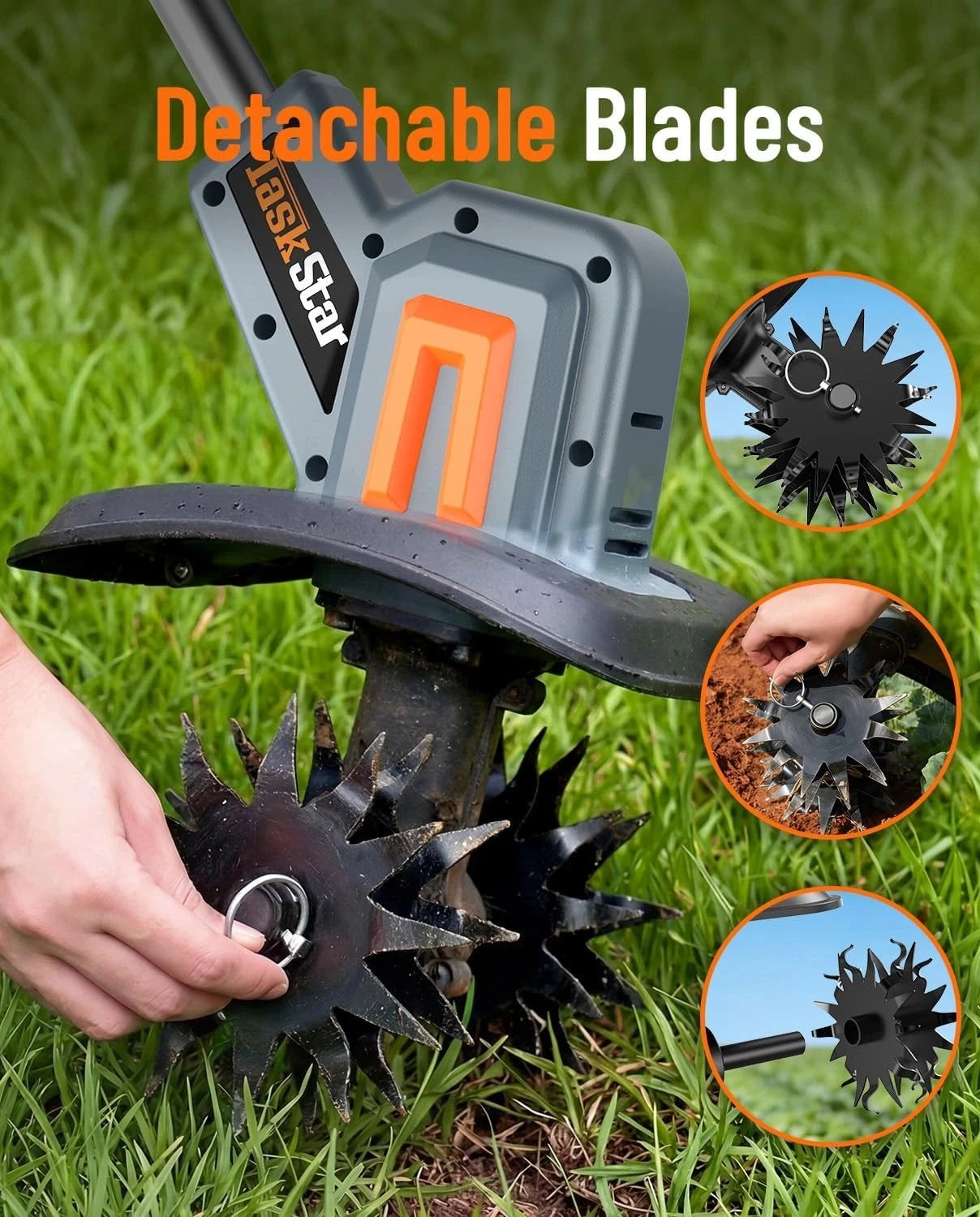 TaskStar cordless garden tiller with detachable blades, gray body and orange accents, compatible with Makita 18V