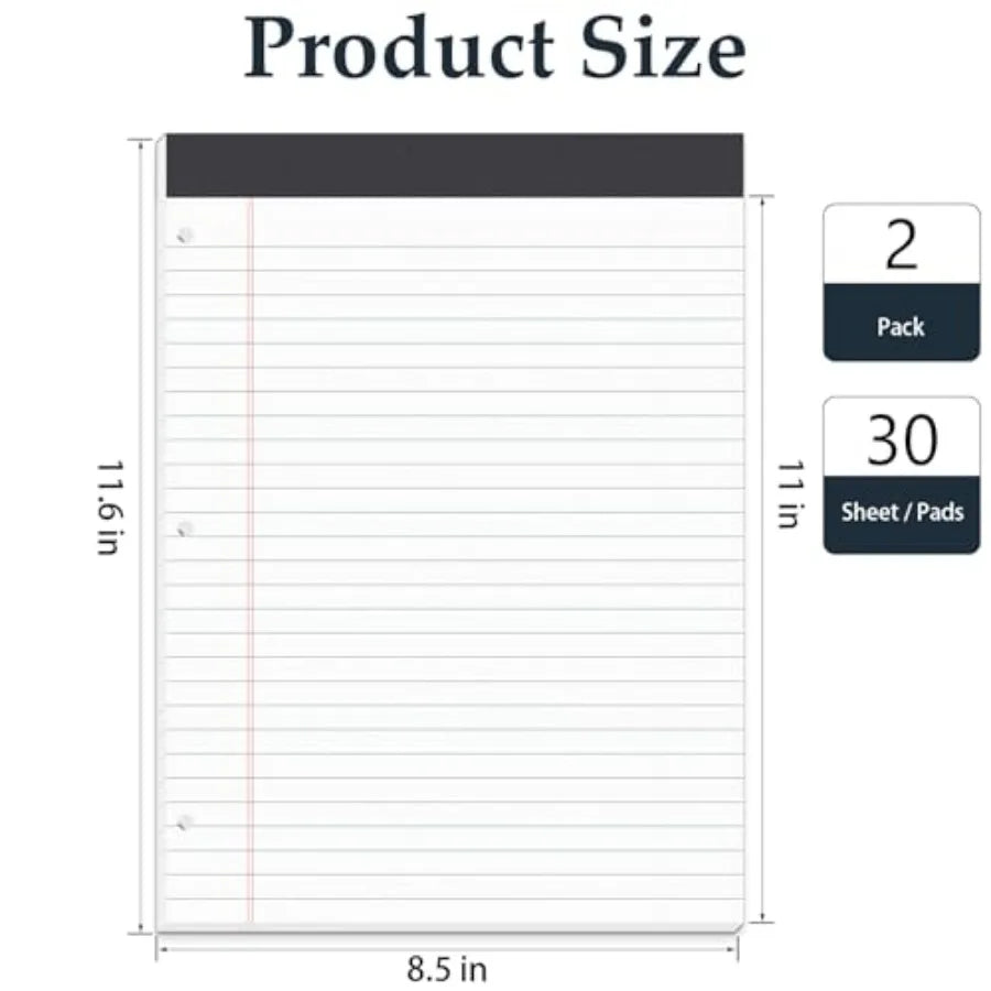 HAUTOCO 2 Pack 8.5 x 11 Legal Pads White Wide Ruled Notepads Perforated Writing Pads, 30 Sheets Per Notepad, 3-Hole Punched Pap by S And B Enterprise