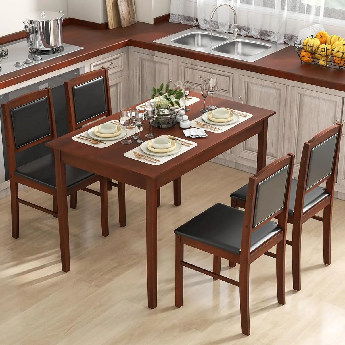 Solid Wood Dining Table Set With Four Upholstered Chairs