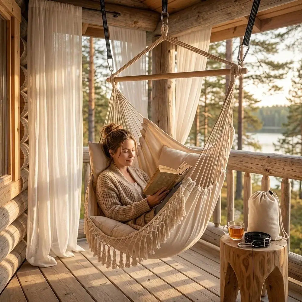 Boho Macrame Hanging Hammock Chair With Cushioned Seat by S And B Enterprise