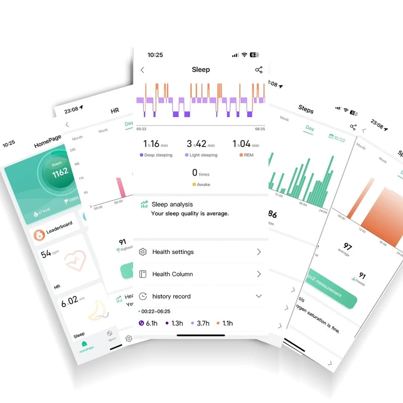 Smart Ring R09 health monitor by S And B Enterprise; app UI screens with sleep, steps, and health analytics.