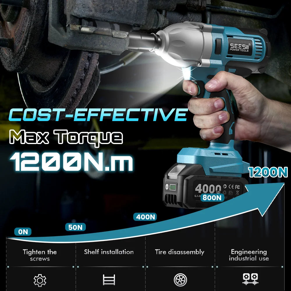 SEESII WH710 Pro cordless impact wrench 1/2-in drive in teal/black with LED light and battery