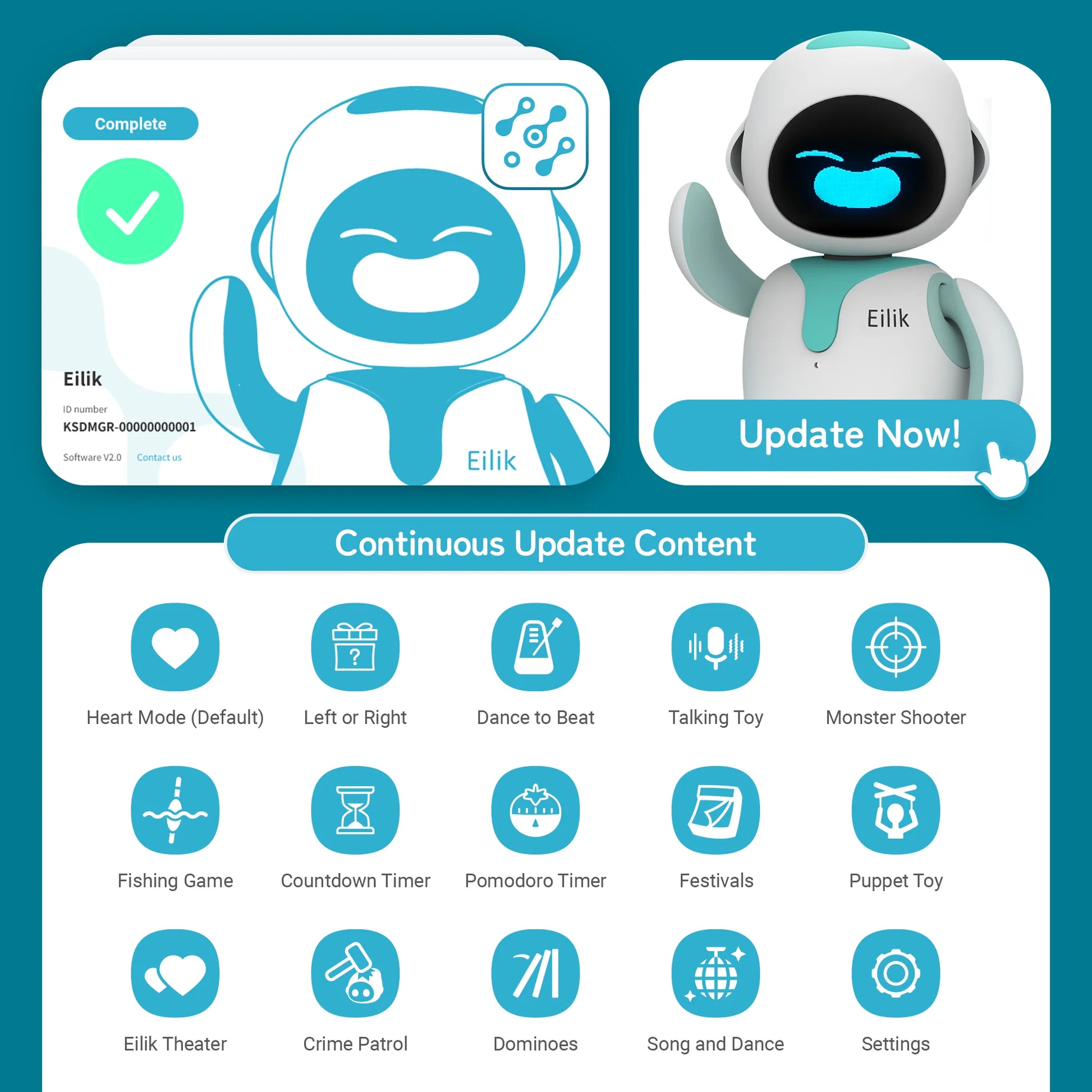 Eilik robot pet toy by S And B Enterprise, white with teal accents, shown with update prompt UI