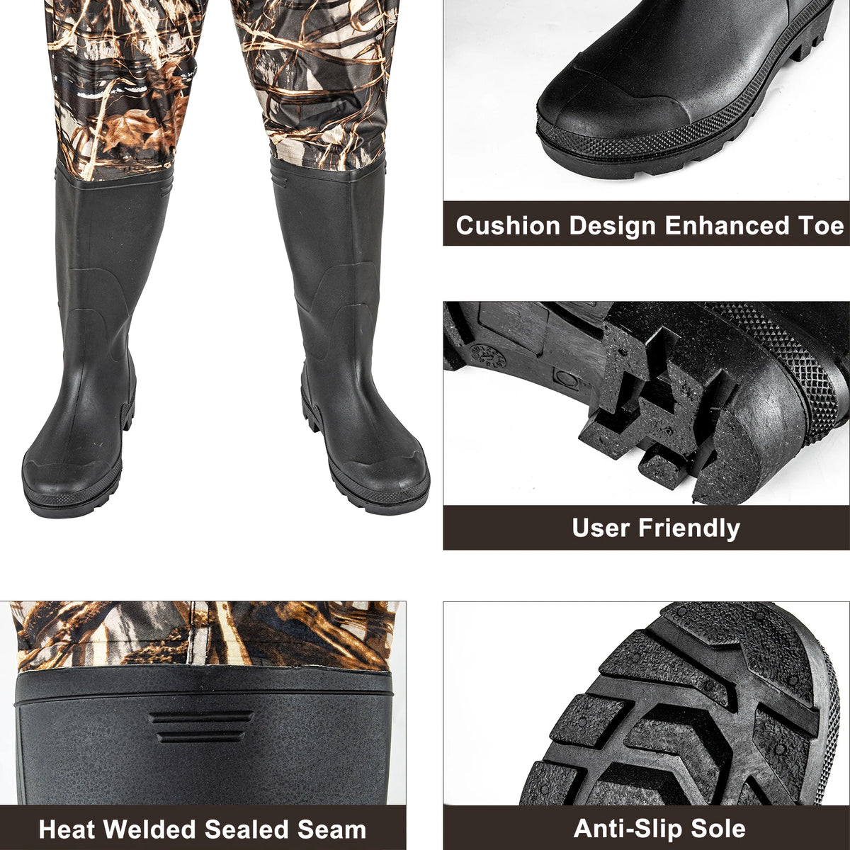 Men's waterproof chest waders with boots for fishing; nylon and PVC, camouflage pattern, by S And B Enterprise.