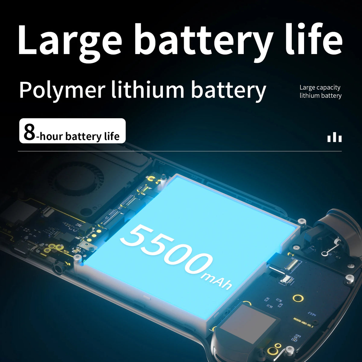 ANBERNIC RG556 handheld game console with exposed internals and 5500 mAh battery