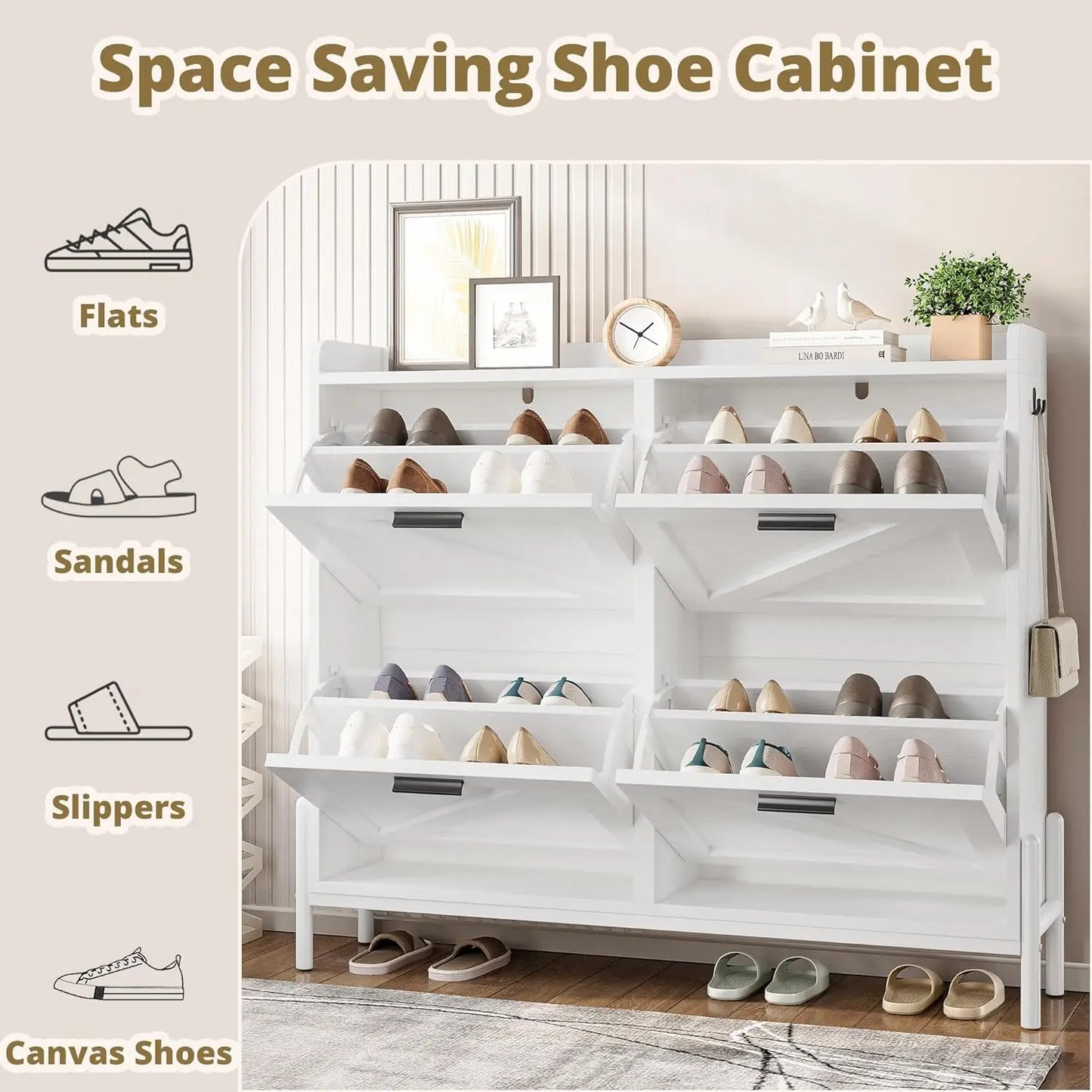 Farmhouse Shoe Storage Cabinet With Four Flip Drawers