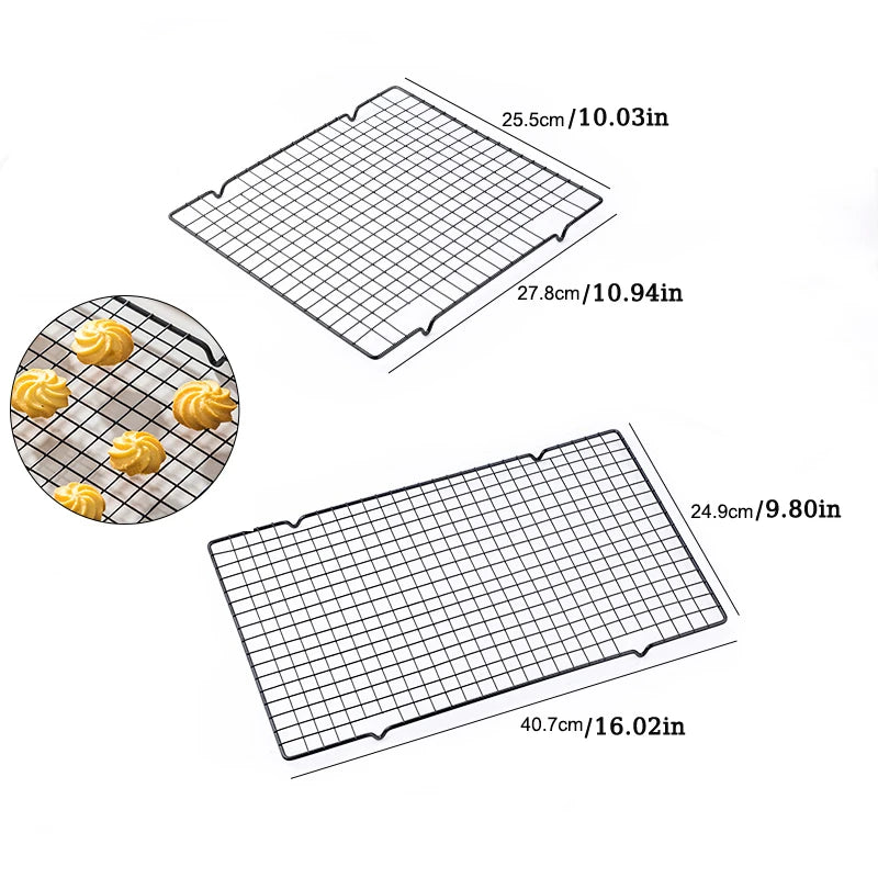 Stainless steel 3-layer foldable wire grid baking rack; non-stick cooling rack for oven, pizza or bread, two sizes shown