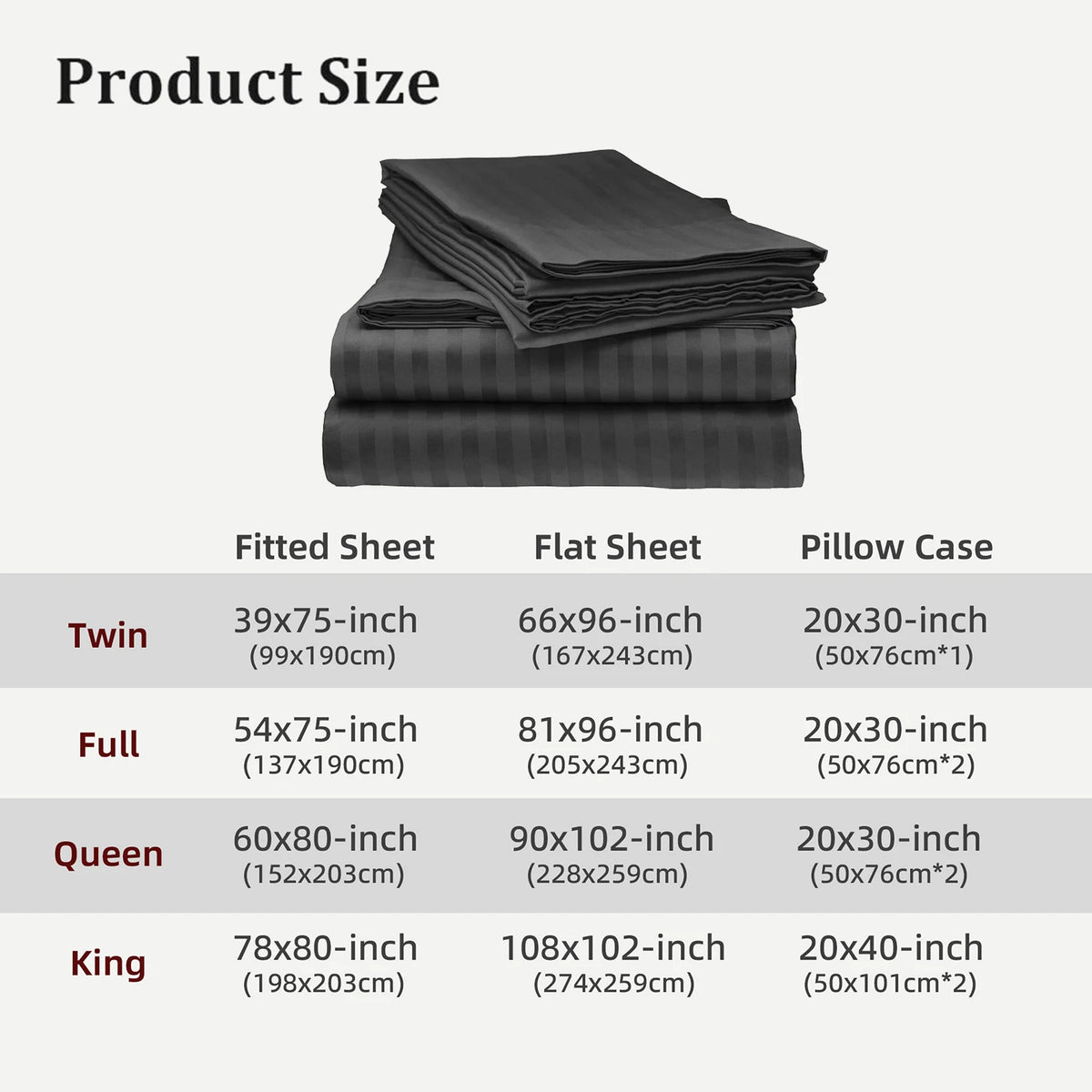 Battilo 4-piece bed sheet set with fitted and flat sheets plus pillowcases in dark gray striped solid color; Twin–King sizes.