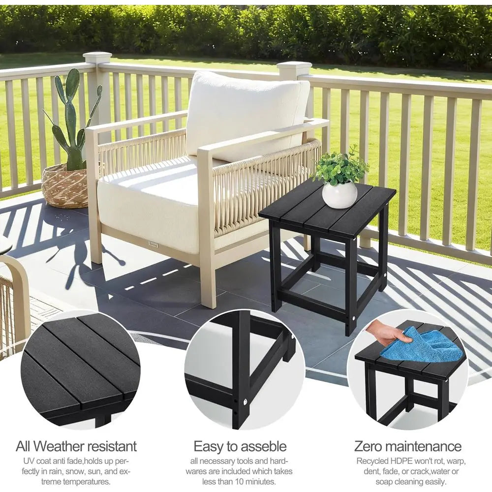 Patio side table, black HDPE wood-textured outdoor end table.