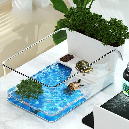 Turtle Tank With Basking Area Transparent Reptile Terrarium Habitat