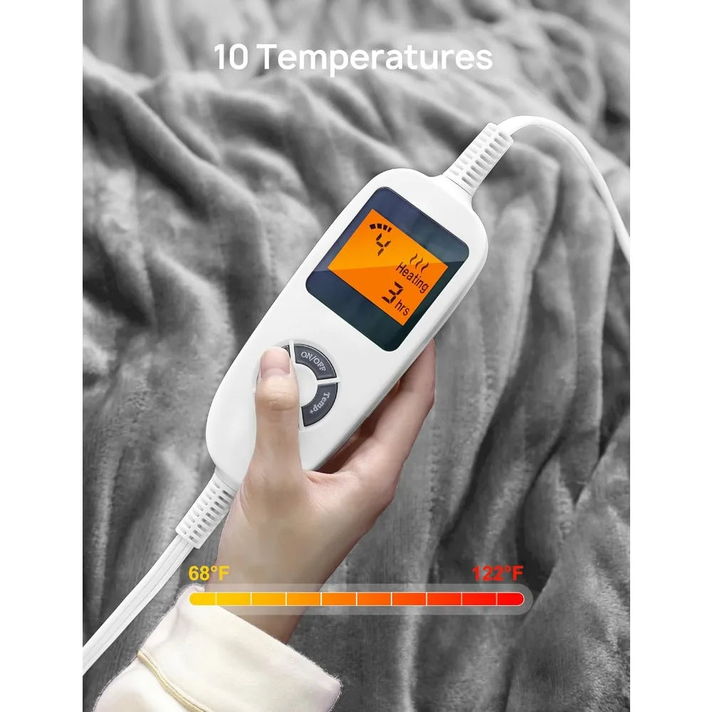 Electric heated throw blanket with white digital controller showing 10 temperatures; soft grey flannel, 60x50 inches
