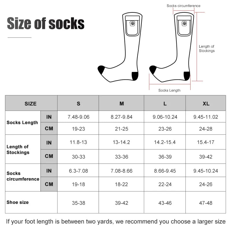 Snow Deer heated socks size chart by S And B Enterprise; sizes S-XL with sock length and circumference