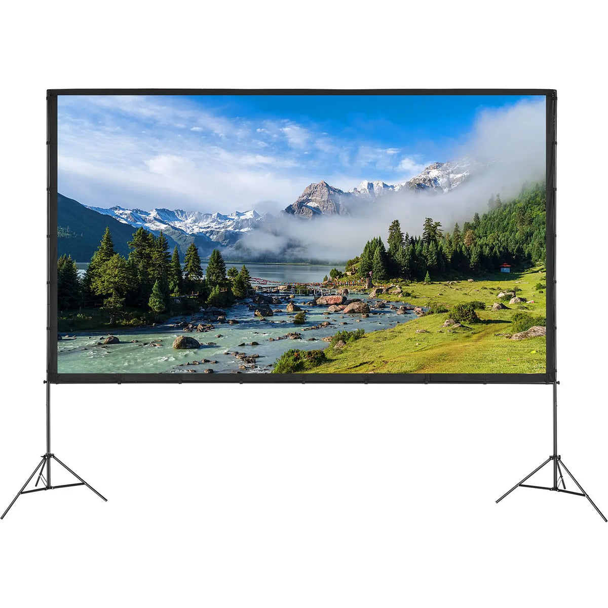 Projector screen with stand, 150-inch outdoor 16:9 wrinkle-free screen on tripod stands