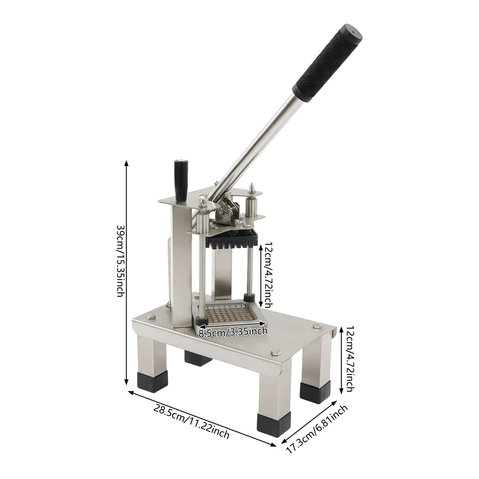 S And B Enterprise French fry cutter with stainless steel blades (1/4, 3/8, 1/2 in) and black handle.