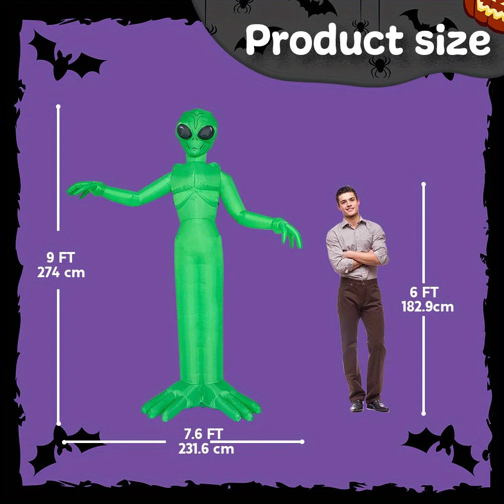 9 ft green alien Halloween inflatable with built-in LEDs by S And B Enterprise for outdoor decor; height vs 6 ft man.