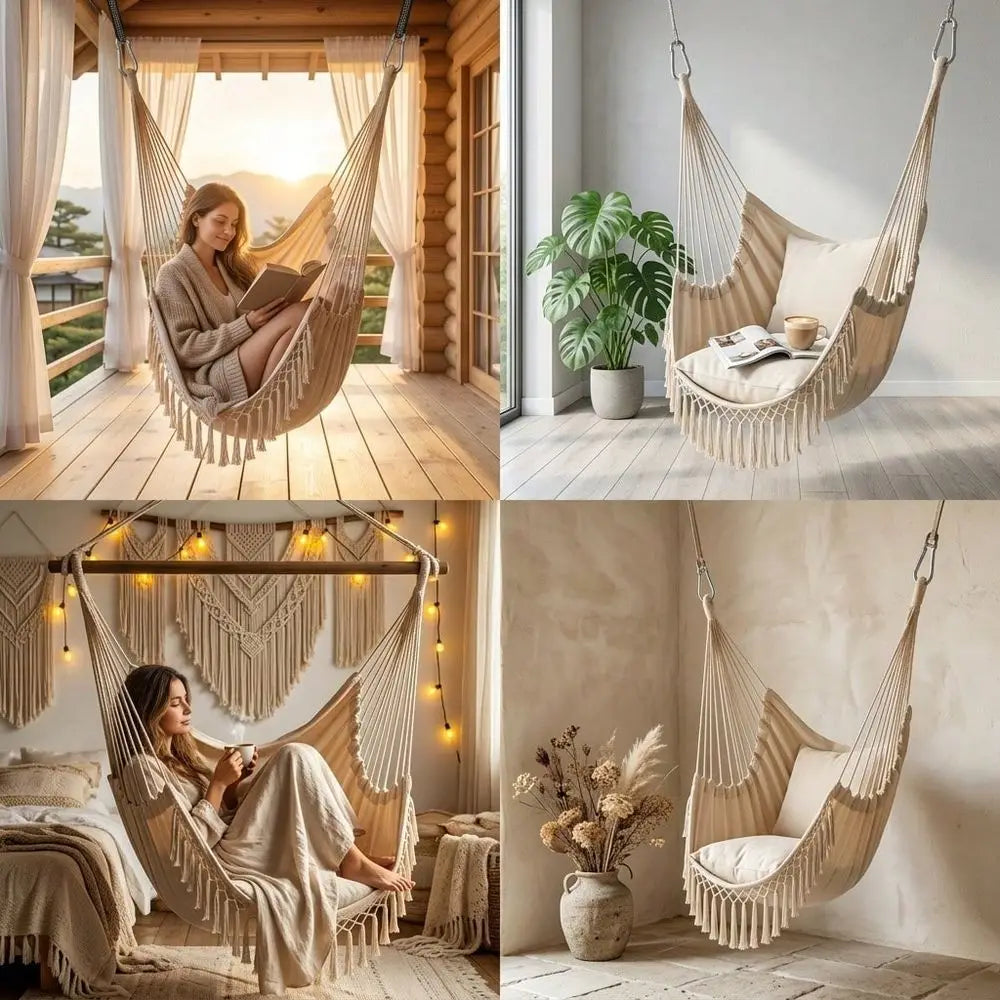 Boho Macrame Hanging Hammock Chair With Cushioned Seat by S And B Enterprise