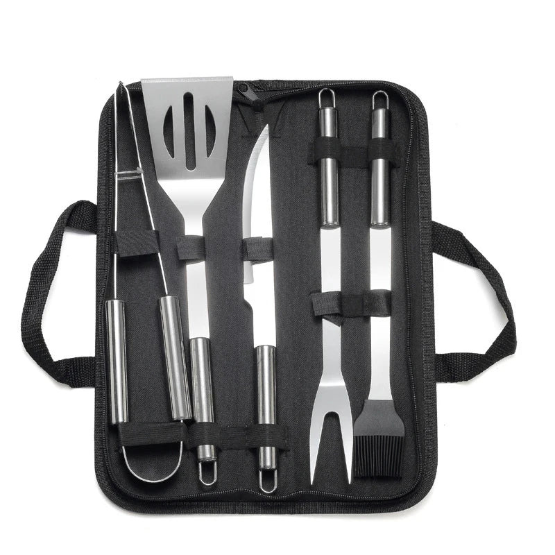 Stainless steel BBQ utensil set in a portable black case with spatula, tongs, knife, fork, and skewers