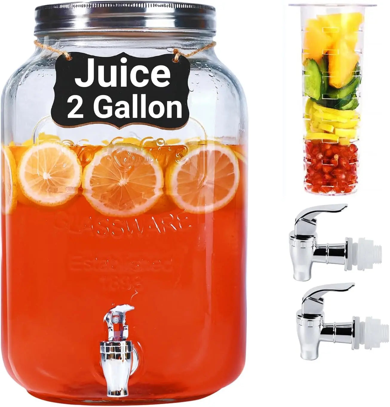 2 Gallon Glass Drink Dispenser for Parties with 2 Press Spigots and Fruit Infuser by S And B Enterprise