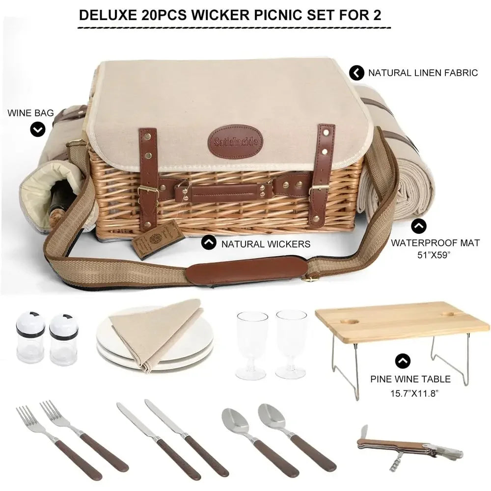 Double-Layered Wicker Picnic Basket With Insulated Liners And Portable Table