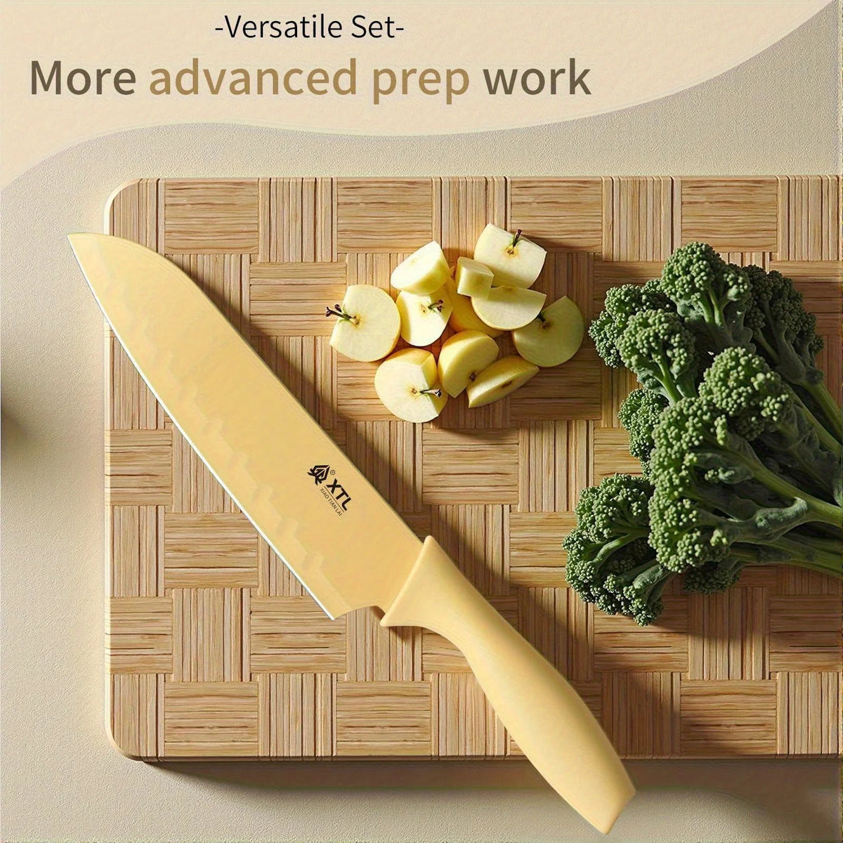 Ceramic-coated kitchen knife with a yellow handle on a wooden cutting board beside chopped apples and broccoli