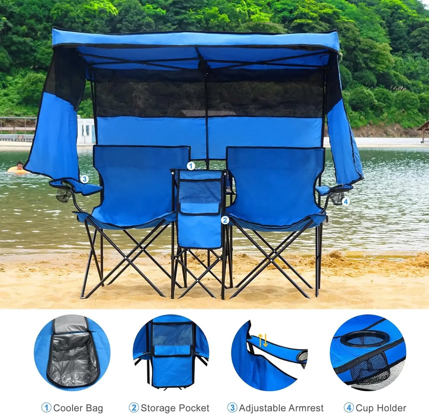 Double Beach Chair With Canopy Shade Folding Loveseat