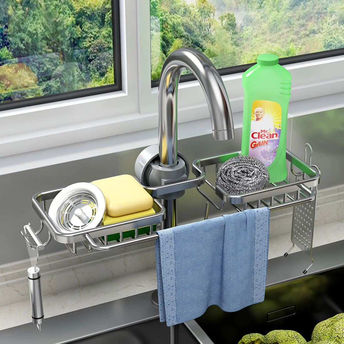 Space aluminum kitchen sink drain rack with chrome finish, sponge storage and faucet holder by S And B Enterprise
