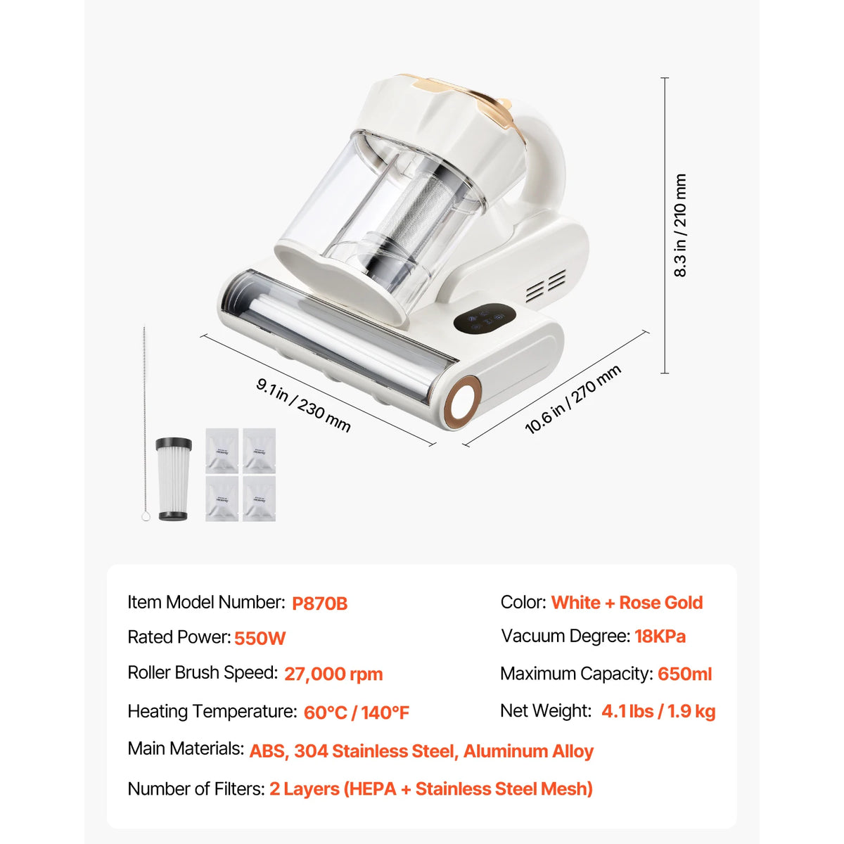 SucceBuy Mattress Vacuum Cleaner white and rose gold; 18KPa suction, dual dust bins, HEPA filter handheld; 4 filters.
