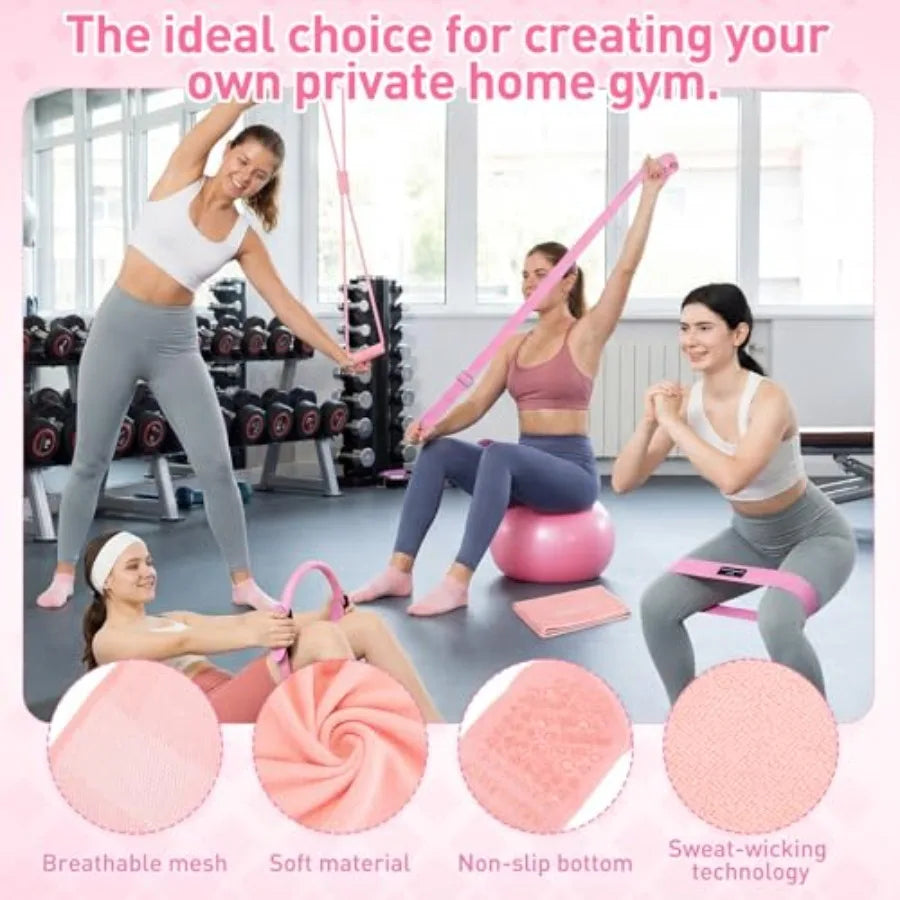 11 Pcs Pink Yoga Accessories Set for Women, Home Pilates Essential Kit for Workout Gym Lover Gifts with Yoga Mat Magic Circle T by S And B Enterprise