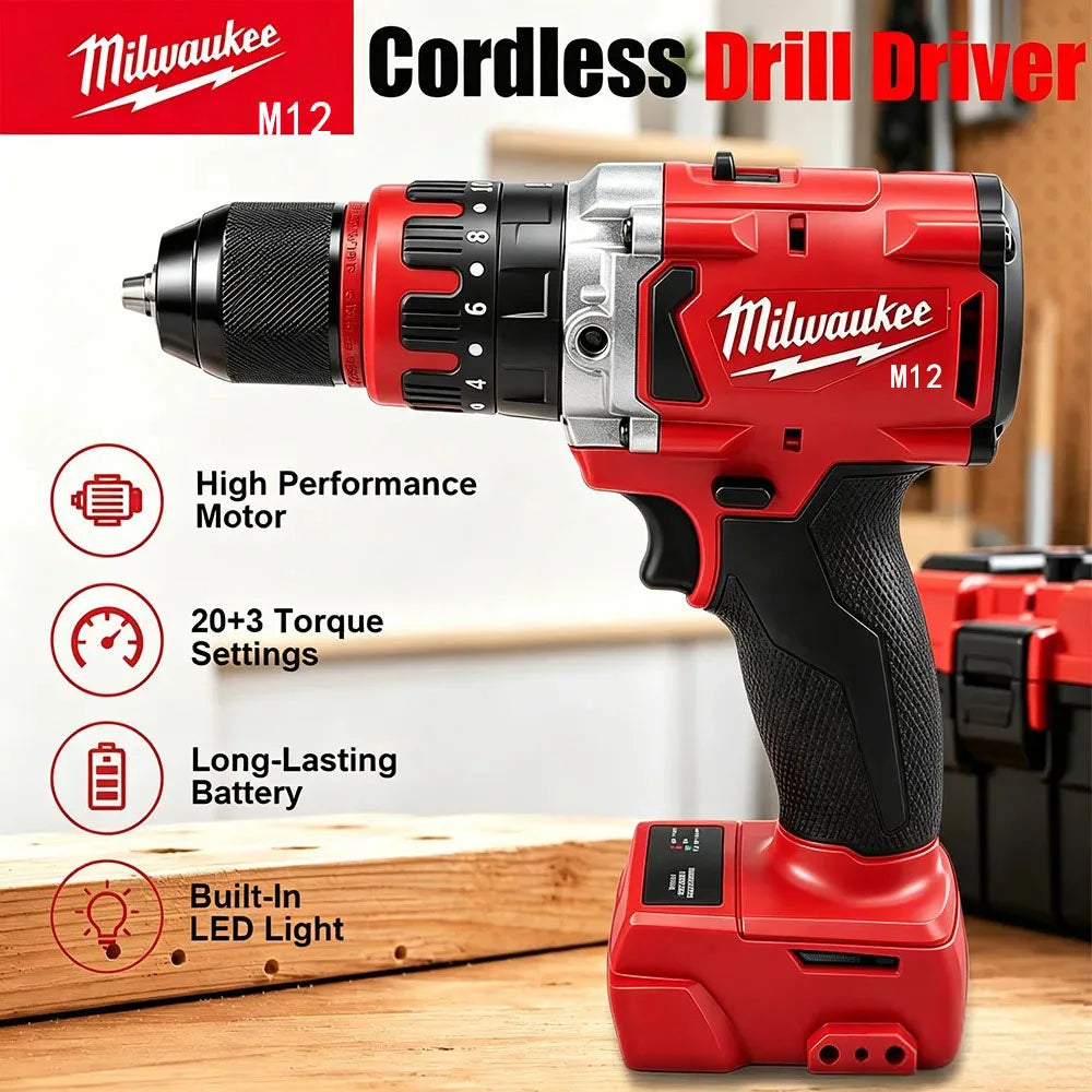 Milwaukee M12 cordless drill/driver with red/black body and 13mm keyless chuck