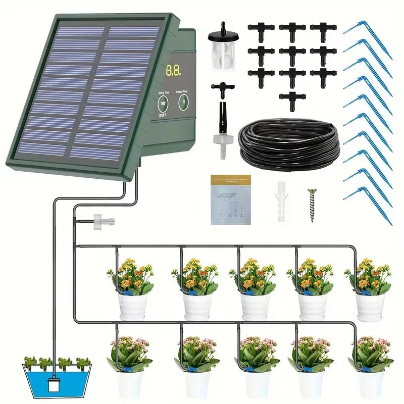 Solar drip irrigation system by S And B Enterprise; solar panel controller with 10m hose and drip emitters for garden