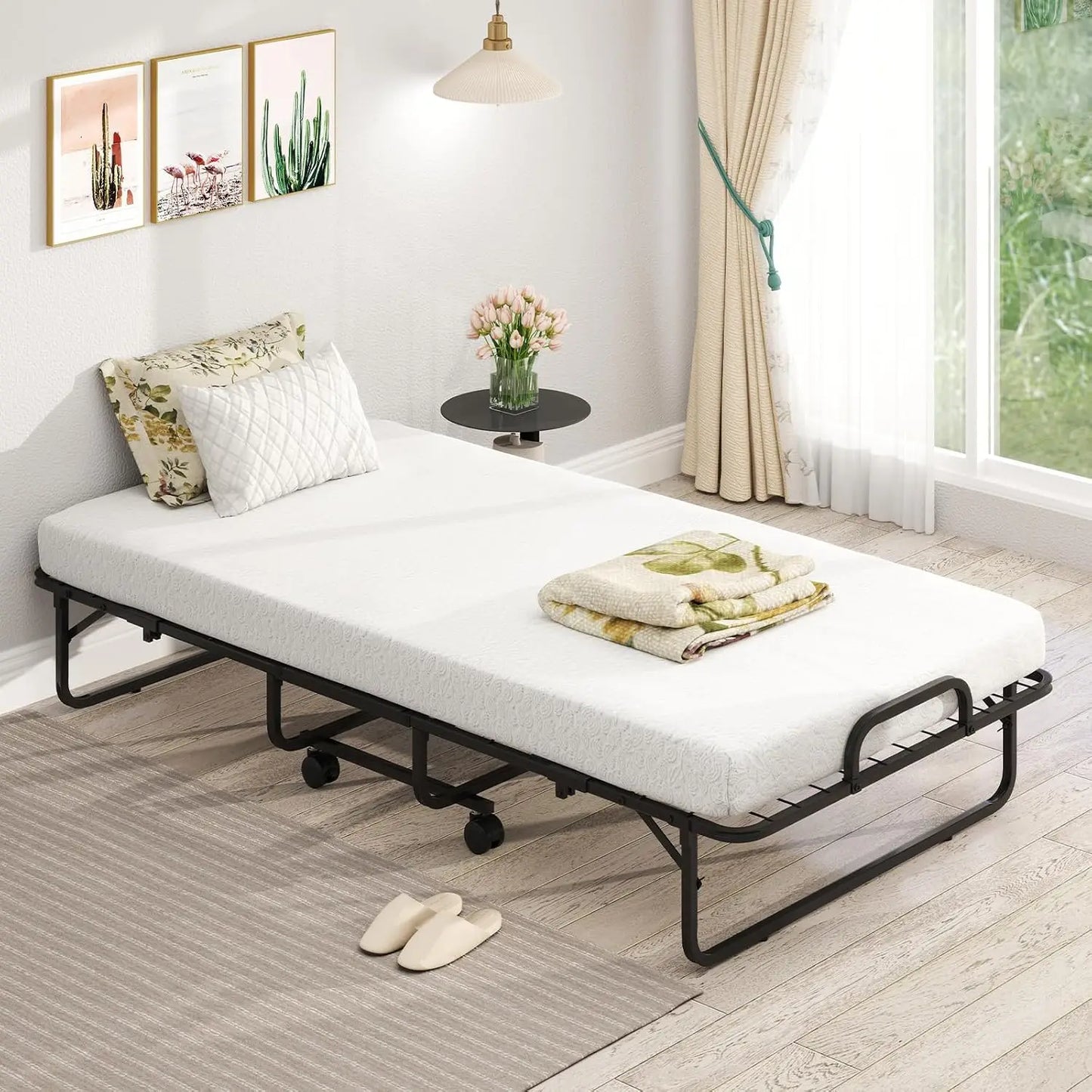 Twin Size Folding Bed with Mattress for Adults Space Saving Portable Rollaway Bed with Memory Foam Guest Bed , 75"x 38"