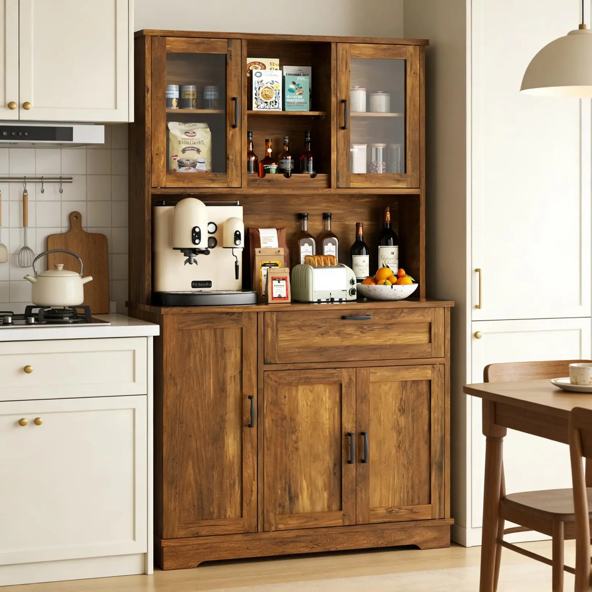 Vongrasig tall kitchen pantry cabinet with glass doors in dark wood finish, storage hutch.